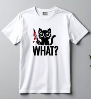 Playera "WHAT?" - Gato Negro con Cuchillo & Estilo Humorístico